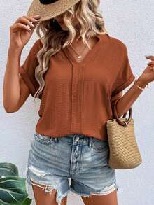 Blusa de mujer de unicolor y cuello en V minimalista de manga corta - Óxido marrón - Ver 4