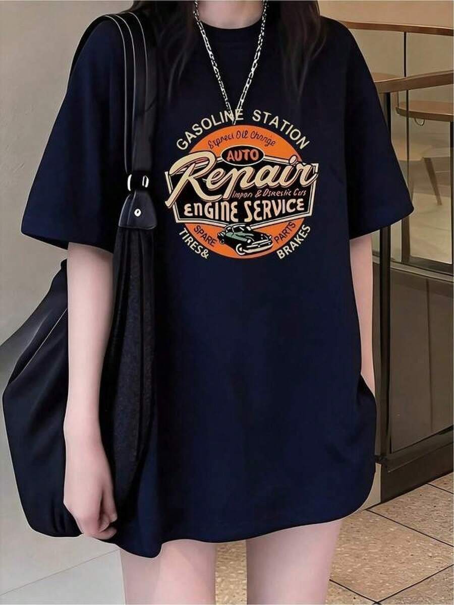 New 2026 Women's T-Shirts, Couple T-Shirts, Funny Retro Design T-Shirt, Casual Urban Comfortable Modern Self-Repair T-Shirt For Women And Men, Various Sizes, Navy Blue, 2023 Fashion - 黑色 - 查看 1