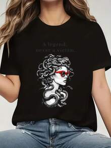 The Unique And Mysterious Medusa Print Design Features A Modern Style, Perfect For A  Short-Sleeved Crew Neck Sports T-Shirt, Ideal For Women's Casual Wear - 黑色 - 查看 1