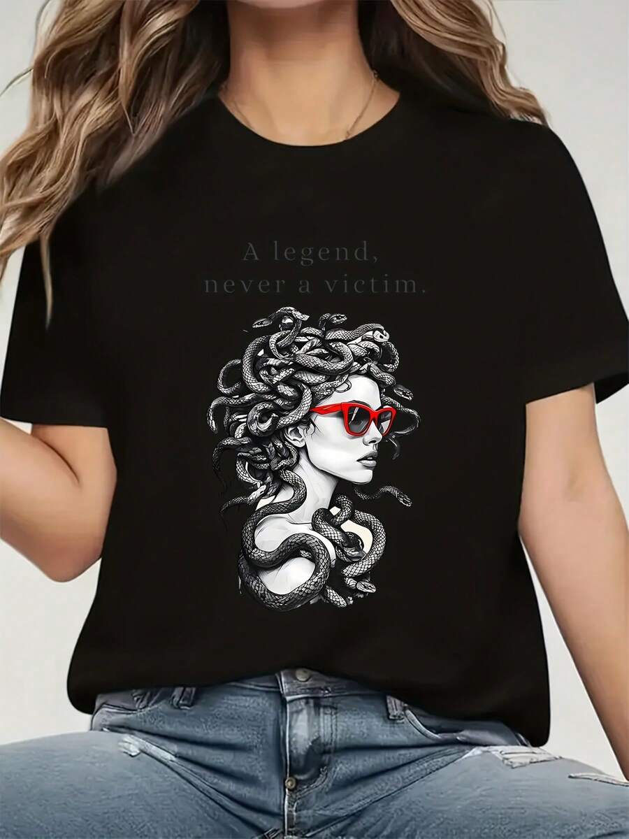 The Unique And Mysterious Medusa Print Design Features A Modern Style, Perfect For A Short-Sleeved Crew Neck Sports T-Shirt, Ideal For Women's Casual Wear - 黑色 - 查看 1