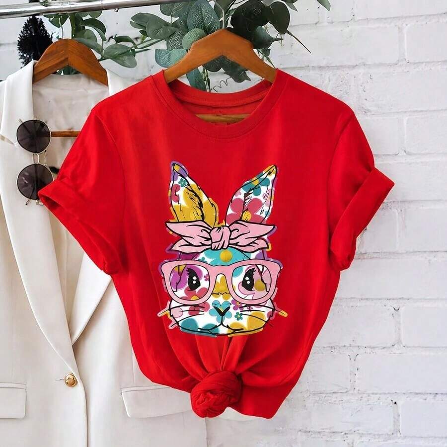 Women's Cotton T-Shirt With Easter Bunny Print, Short Sleeve, Round Neck, Casual Style With Floral Rabbit Graphic, Loose Fit For Spring Holidays, Soft Sizes - 紅色 - 查看 1