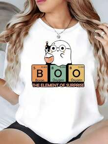 100% Cotton. Adorable Ghost With Glasses Holding A Flask Over The Periodic Table Forming The Word BOO. Funny Chemical Reference. Women's T-Shirt, 100% Cotton, 220g. Women's Simple Solid Color T-Shirt, Loose And Slim Fit Casual Short Sleeve - 白色的 - 查看 9