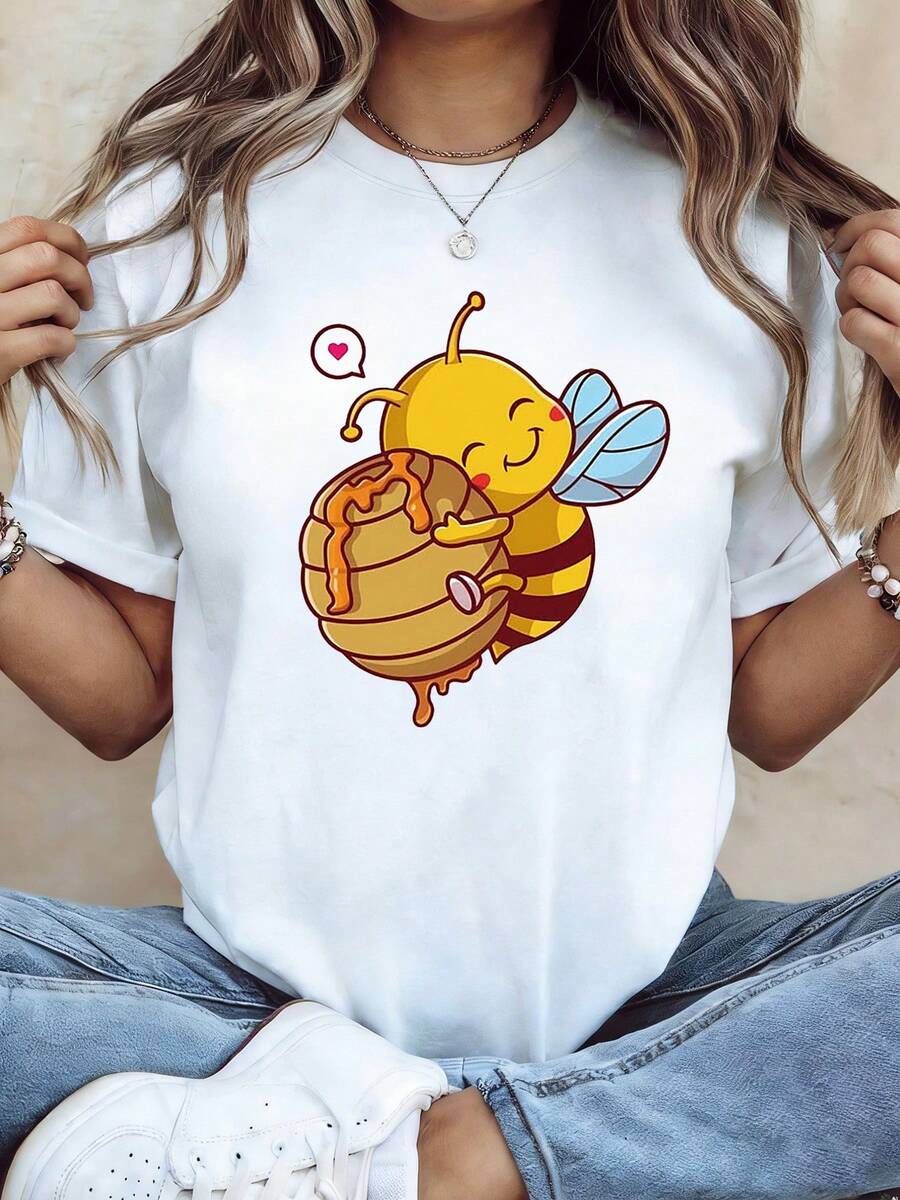 Plus-Size Women's T-Shirt With A Print Of A Bee Holding A Jar Of Honey. Suitable For Everyday Wear, Parent-Child Interaction, And Afternoon Tea With Friends. Cute And Sweet Style. - 白色 - 查看 1