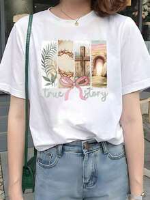 Camiseta de manga corta y cuello redondo para mujer. Estampada de leopardo, letras, dibujos animados, frutas, flores, plantas tropicales y mariposas. - YH149-BLANCO - Ver 6