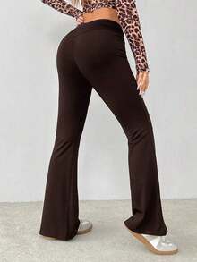 Pantalones acampanados de cintura alta envolvente de unicolor sencillo - Marrón - Ver 2