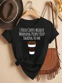 I Need Coffee, Coffee Cup Prints, Casual Short-Sleeved T-Shirts For Women, Comfortable And Well-Fitting, Matching Sets For Sisters, Outdoor Travel Essentials, Women's T-Shirts, Spring And Summer T-Shirts. - 黑色 - 查看 6