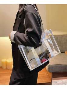 Set de 2 bolsas de playa transparentes con bloques de color de moda para mujeres - Blanco - Ver 7