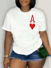 Soft 100% Cotton T-Shirt, Local Shipping - Women's Elegant Pure Cotton Casual Wear, White Round Neck T-Shirt With Red Heart Print, Loose And Comfortable Fit, Perfect For Spring/Summer/Autumn, Medium Stretch Fabric, Appliqué Detail, Essential For Vacation, Breathable Cotton T-Shirt, Goes With Everything. - 白色 - 查看 1