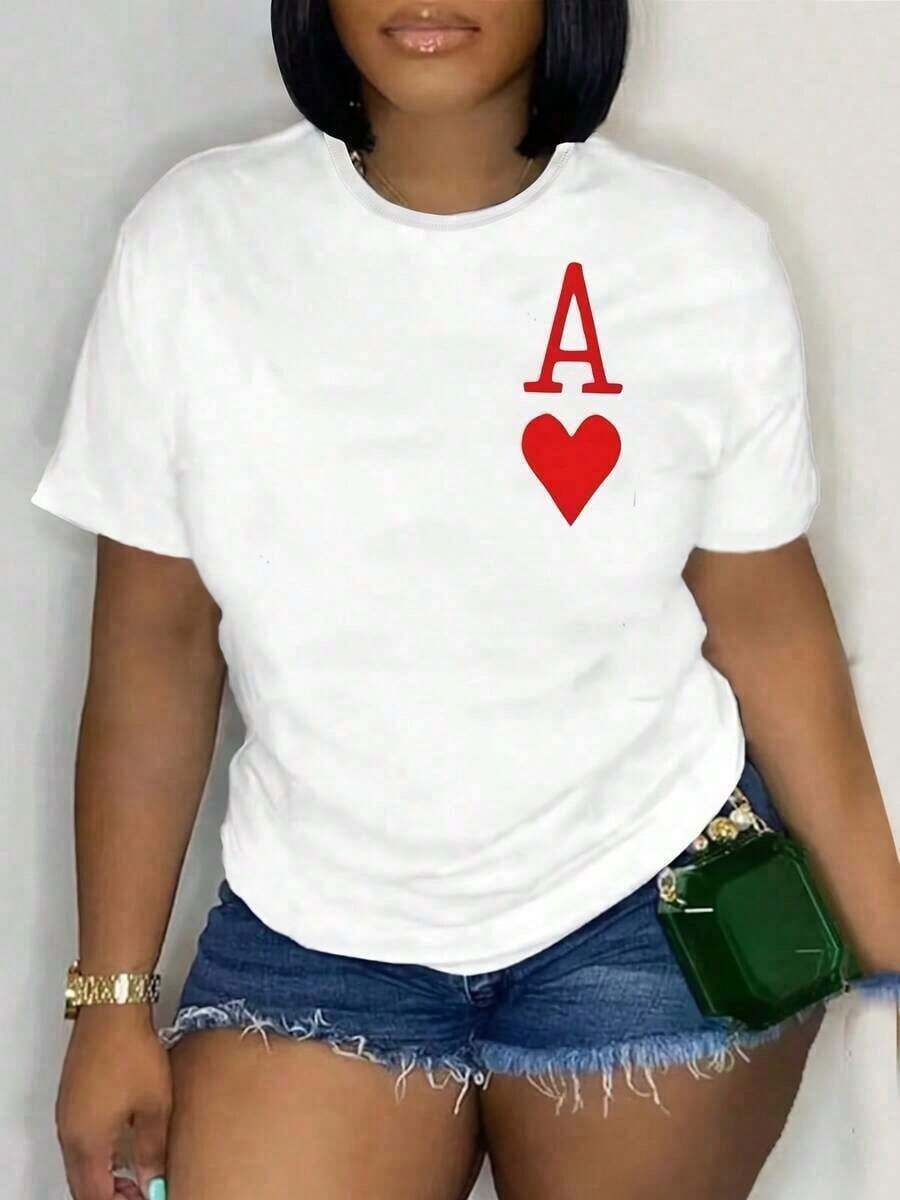 Soft 100% Cotton T-Shirt, Local Shipping - Women's Elegant Pure Cotton Casual Wear, White Round Neck T-Shirt With Red Heart Print, Loose And Comfortable Fit, Perfect For Spring/Summer/Autumn, Medium Stretch Fabric, Appliqué Detail, Essential For Vacation, Breathable Cotton T-Shirt, Goes With Everything. - 白色 - 查看 1