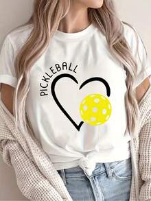 Camiseta de Verano Premium para Mujer con Estampado de Pickleball - Suéter Casual Suave y Elástico con Estampados de Corazones y Pelotas, Top Deportivo Lavable a Máquina, Adecuado para Uso Diario en Primavera y Otoño, Camiseta de Ajuste Cómodo. - Blanco - Ver 1
