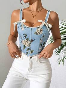 French Court Bow Tie With Floral Patterns, Vintage Oil Painting, Shapewear For Dance Parties, Women's Camisoles, Printed Slim Fit Vests, Corsets, And Outerwear - màu xanh da trời - Xem 4