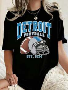 Plus Size Women's Fashion T-Shirt, Casual Printed T-Shirt With "Detroit Football With Helmet And Ball" Design, Suitable For All Seasons, Casual Wear T-Shirt, Comfortable Material, Perfect Gift, Fashionable Choice. - 黑色 - 查看 1