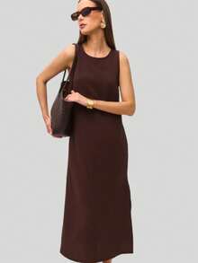 Sleeveless Dress With Round Neck And Zipper, Elegant Summer Style 2026 For Women - Brown - View 6