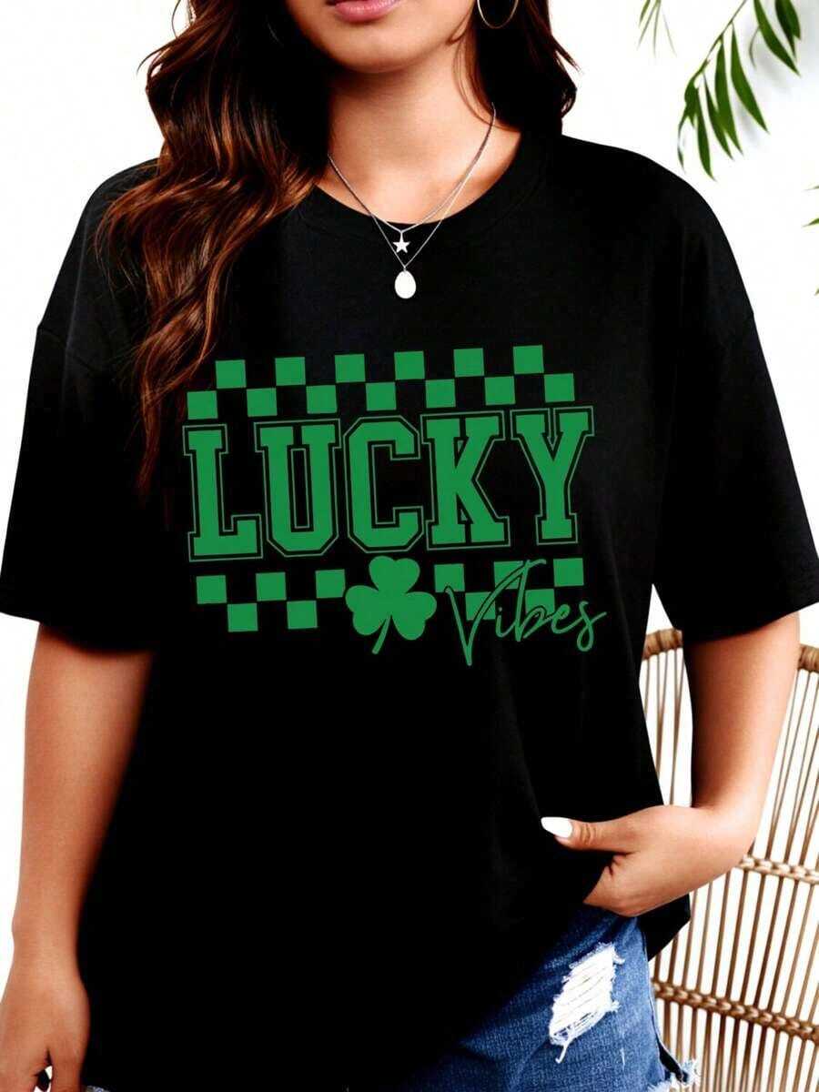 Lucky Vibes Women's T-Shirt For St. Patrick's Day, Green Shamrock Design, Black T-Shirt For Women, Casual Wear, Festive Outfit, Lucky Charm Top - 黑色 - 查看 1