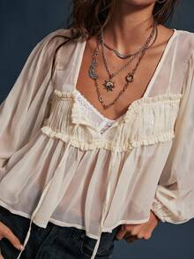 Women T-shirt, Long Sleeve Low-cut Pleated Tie-up See-through Solid Loose Sheer Tops Clubwear - Blanco - Ver 6