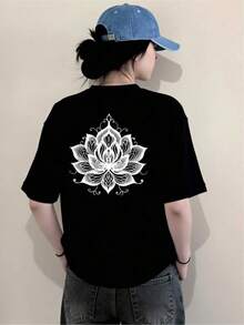 Camiseta informal de algodón con cuello redondo para mujer,Camiseta moderna con estampado de loto elegante, diseño minimalista y contemporáneo, ideal para jóvenes y adultos, disponible en negro y en varias tallas, moda urbana,  actual. - Negro - Ver 1
