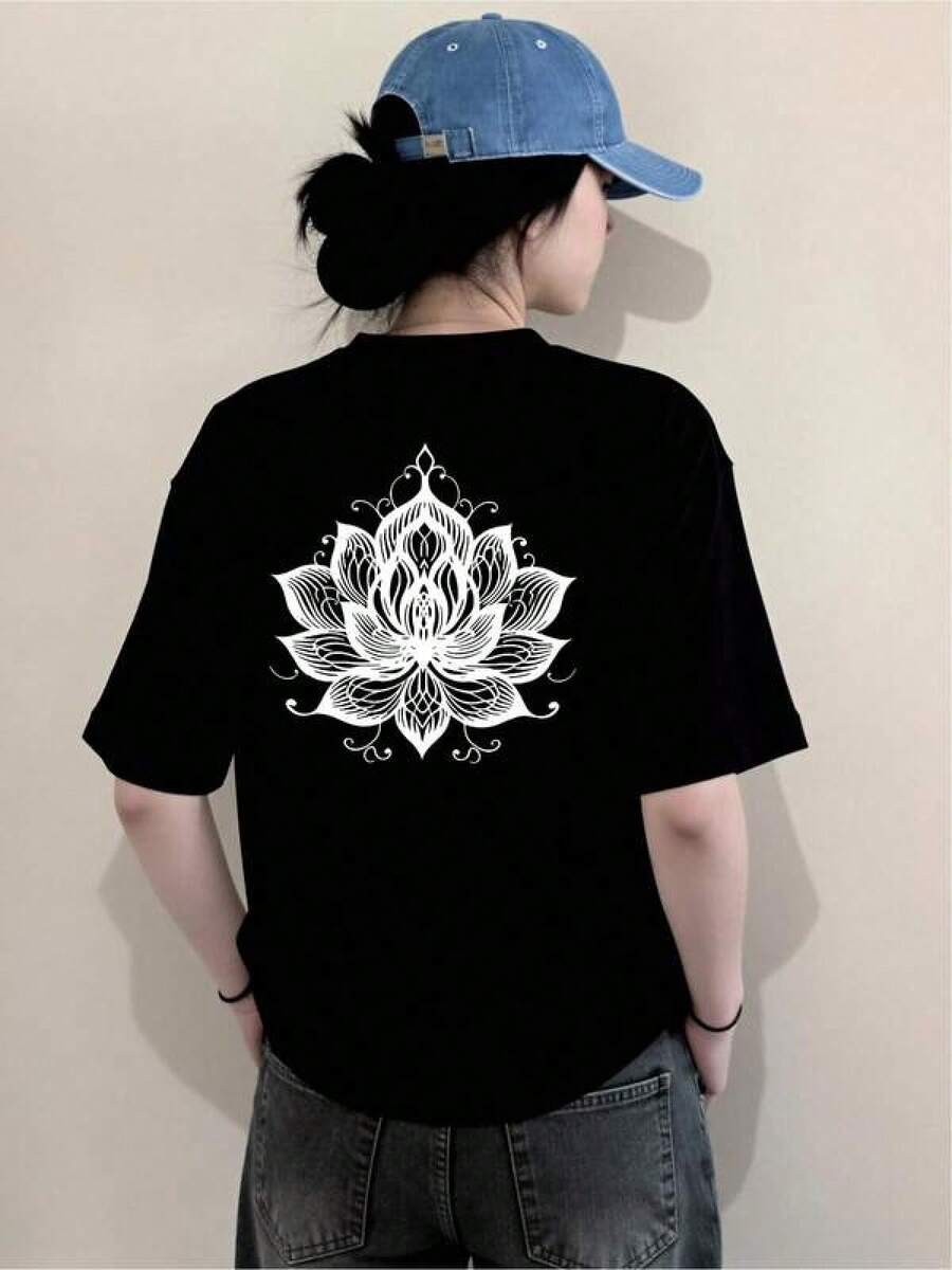 Camiseta informal de algodón con cuello redondo para mujer,Camiseta moderna con estampado de loto elegante, diseño minimalista y contemporáneo, ideal para jóvenes y adultos, disponible en negro y en varias tallas, moda urbana,  actual. - Negro - Ver 1
