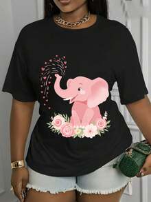 Women's Casual Summer T-Shirt, Women's Long Sleeve Casual T-Shirt, Designed With A Cute Elephant Print, Round Neck, Made Of Stretchy Fabric, Stylish, Comfortable And Suitable For Any Season, Perfect For Everyday Wear. - 黑色 - 查看 12