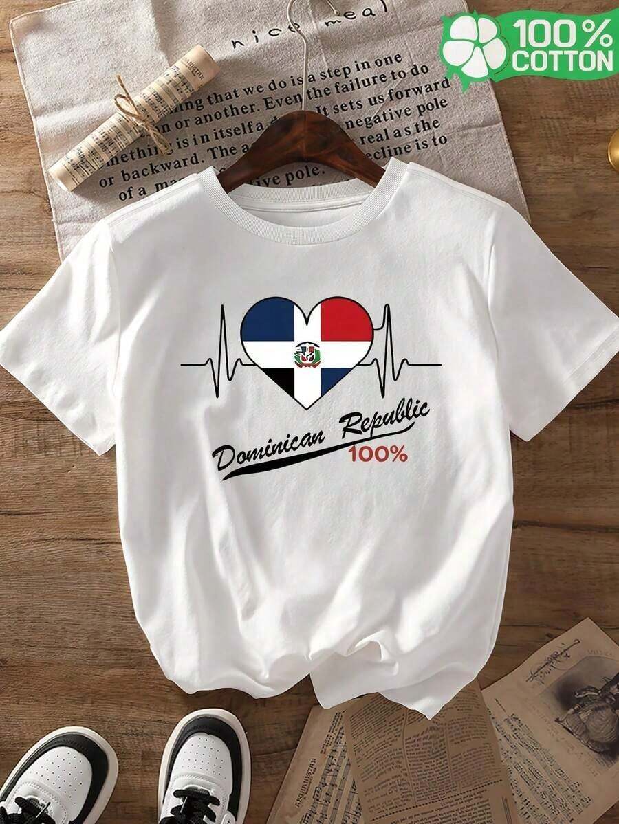 New, Stylish, Crew Neck, Breathable, Casual Short-Sleeve Graphic T-Shirts For Women Featuring Elements Of The Dominican Republic Flag, Perfect For Family Trips, Leisure Days, And Outdoor Activities. 100% Cotton. - 白色 - 查看 1