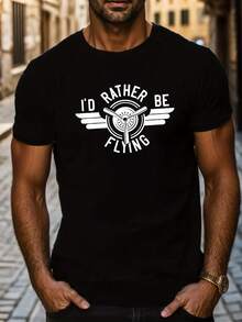 Women's Casual Sports T-Shirt In Black With Graphic I'D RATHER BE FLYING - Elastic Crew Neck T-Shirt, Machine Washable, Comfortable Fit For All Seasons, Perfect For Aviation Lovers And Casual Style. - 黑色 - 查看 6