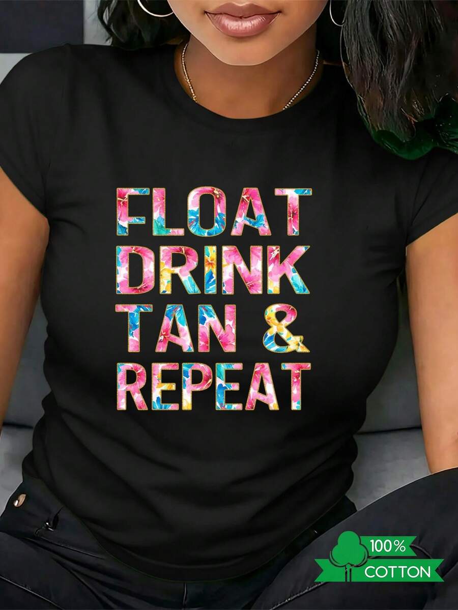 Women's Printed T-Shirt With Graphic Design FLOAT DRINK TAN & REPEAT - Casual Short Sleeve Crew Neck T-Shirt, Relaxed Fit For All Seasons, Perfect For Everyday Wear And Holiday Outfits, Machine Washable. - 黑色 - 查看 1