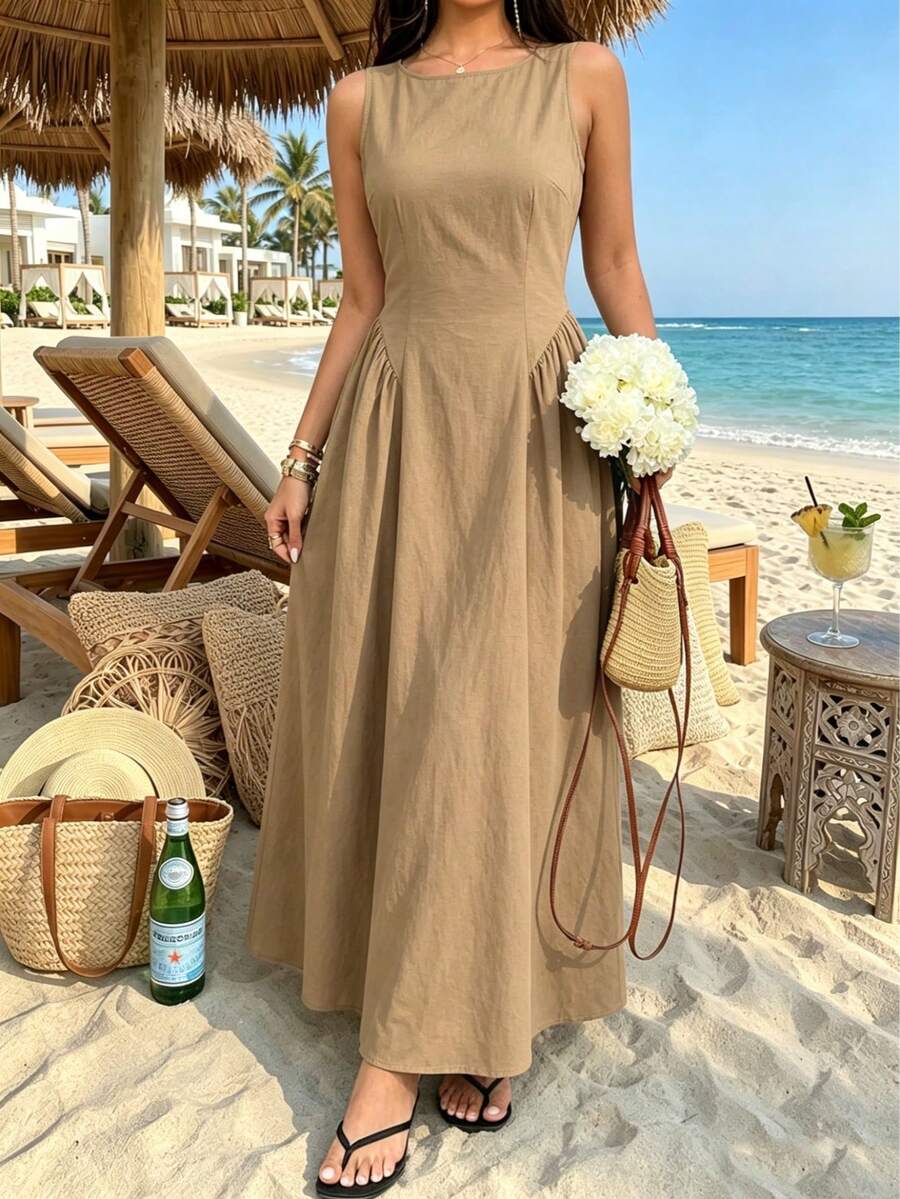 女士春夏法式复古优雅正式卡其色船领无袖收腰喇叭长连衣裙,适合晚宴、派对等场合 - 卡其色 - 查看 1
