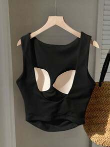 Top corto de algodón acolchado con espalda de tirantes, para primavera/verano - Negro - Ver 7