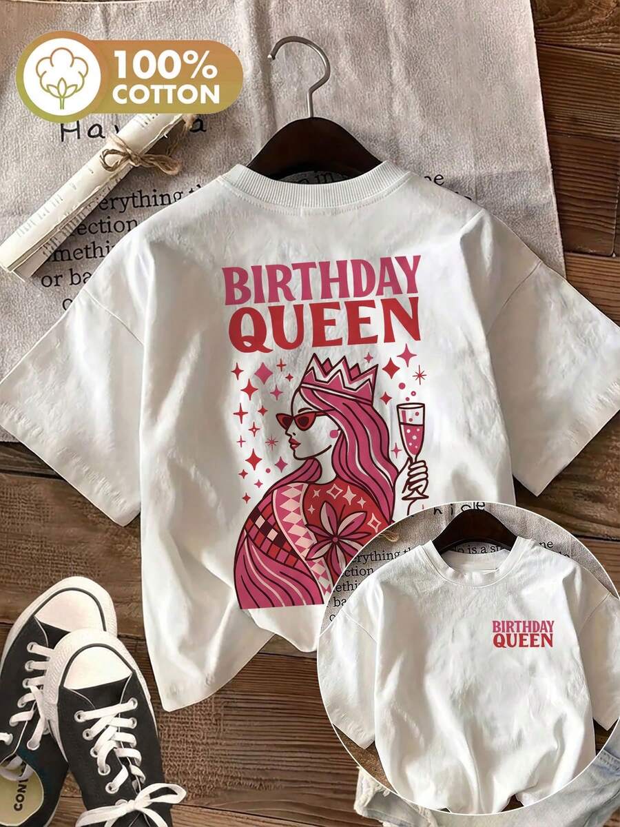 | Exquisite Design | Loose And Comfortable | Easy To Match | [Double-Sided Print] Women's Summer Casual T-Shirt, Pop Style, Crown And Star Print, Birthday Queen Design, Round Neck, Pure Cotton, Short Sleeve - 白色 - 查看 1
