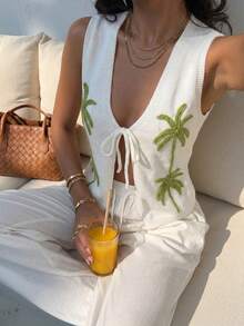 2026 Summer New Women's Palm Tree Knit Tie-Up Camisole, Sleeveless Design, Relaxed Bohemian Style, Suitable For Spring/Summer Beach Vacation, Dates, Parties And Everyday Wear White - White - View 1