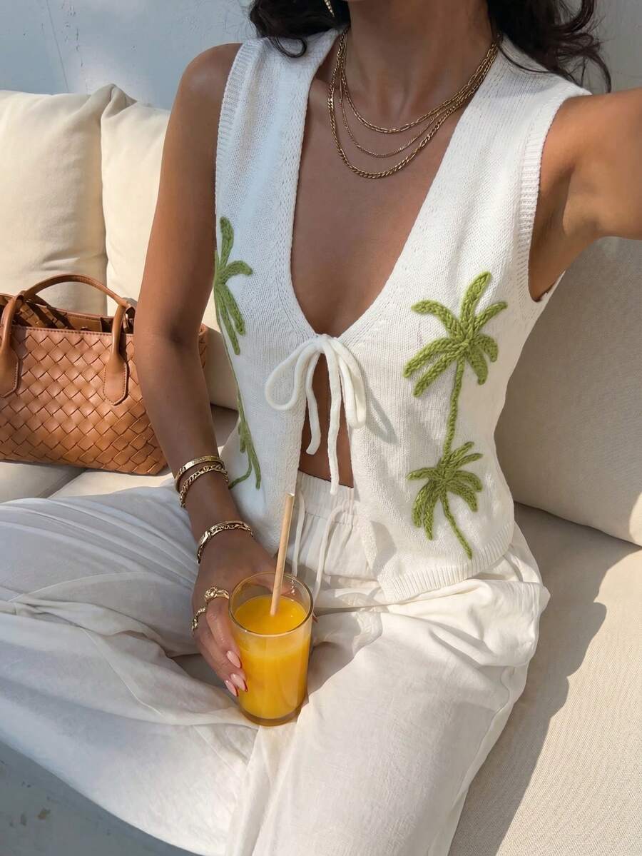 2026 Summer New Women's Palm Tree Knit Tie-Up Camisole, Sleeveless Design, Relaxed Bohemian Style, Suitable For Spring/Summer Beach Vacation, Dates, Parties And Everyday Wear White - White - View 1