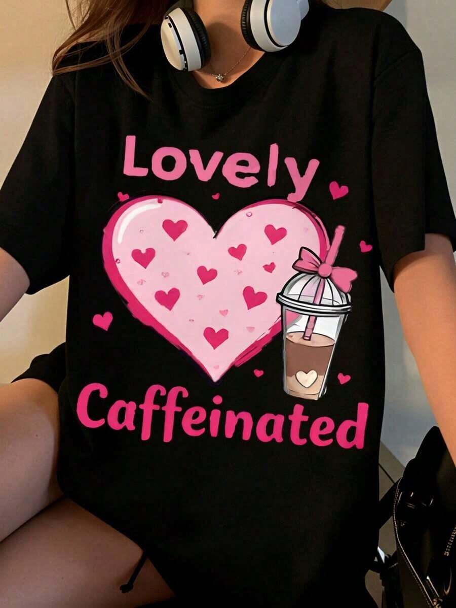 Women's T-Shirt With Coffee Cup And Heart Print, Cute Graphic Tee For Women, Valentine's Day Gift, Summer Casual Wear - 黑色 - 查看 1