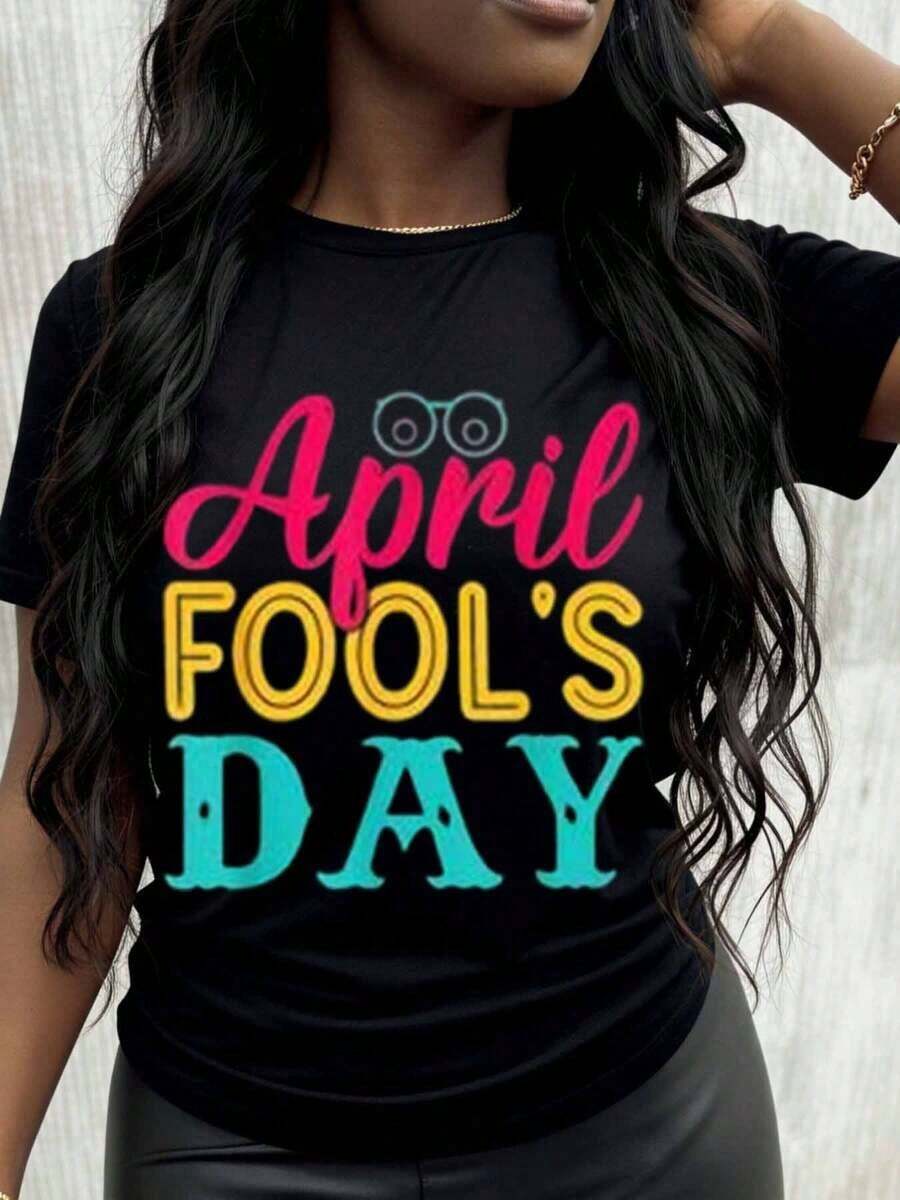 Funny April Fools' Day T-Shirt, Women's Casual Top, Colorful Printed T-Shirt For April Fools' Day Celebration - 黑色 - 查看 1