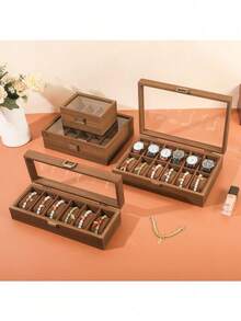 Hộp trưng bày đồng hồ vân gỗ óc chó mới, có các kiểu 3/5/6/10/12 ngăn với nắp kính, hộp đựng đồng hồ và vòng tay dung tích lớn, hộp trưng bày tại nhà và văn phòng, quà tặng ngày lễ. - màu nâu - Xem 11