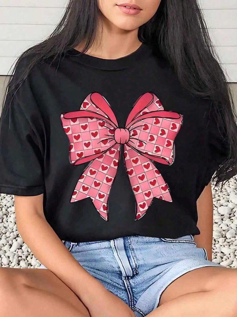 Women's T-Shirt With Bow And Hearts, Valentine's Day Design, Casual, Round Neck, Short Sleeve, Soft And Comfortable, 220g - 黑色 - 查看 1