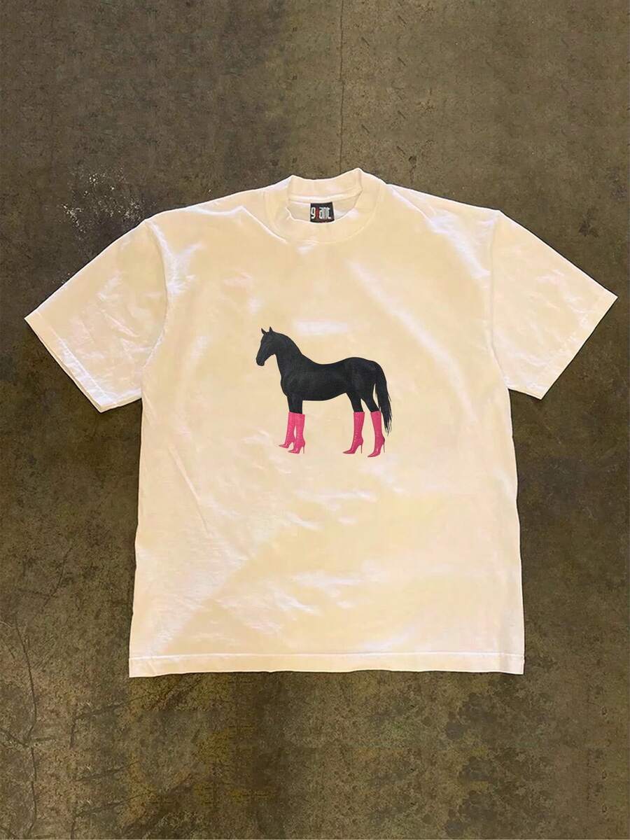 Camiseta individual creativa con estampado original y cuello redondo de manga corta, camisa de moda pura y moderna, top para el ocio diario en el hogar, se puede usar tanto para salir como como capa interior[COD] - Blanco - Ver 1