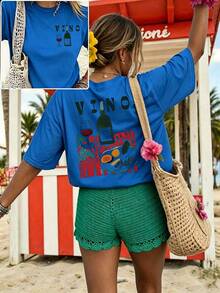 Women's Casual Graphic Short Sleeve T-Shirt, Streetwear Style, Cute Summer Top, ChristmasPrinted Round Neck Short Sleeve Women's Tee - Daily Casual, S - 藍色 - 查看 4