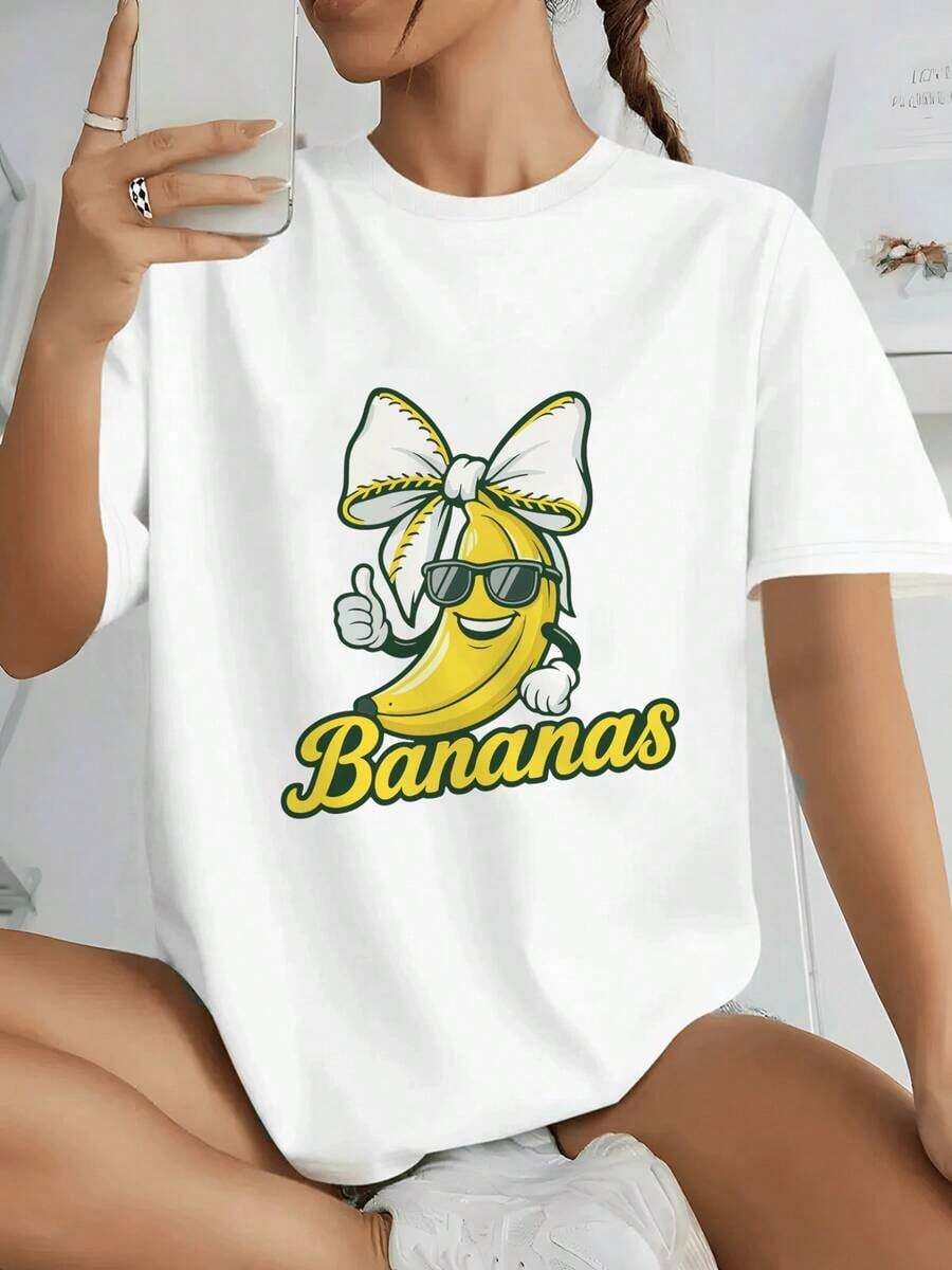 Women's 100% Cotton T-Shirt With A Fun Banana Character Wearing Sunglasses And A Big Bow Making A "Thumbs Up" Symbolizing Positivity And Good Vibes - 白色 - 查看 1