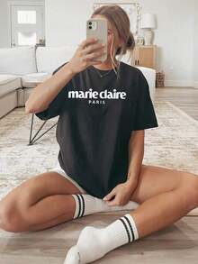 Women's Casual Spring/Summer T-Shirt Of The Mexican National Soccer Team, With Round Neck And Short Sleeves, White "PARIS" Letter Print, Suitable For All Seasons, Loose And Comfortable Fit, Plus Size Summer Top. - 黑色 - 查看 1
