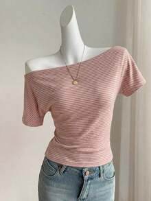 Camiseta de punto a rayas con hombros descubiertos para mujer - Rosa 2 - Ver 3