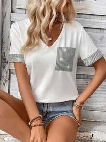 LUNE Camiseta de mujer casual de manga corta con cuello en V, parches y lentejuelas - Blanco - Ver 5