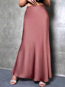 Falda de estilo de cola de sirena de unicolor para mujer, falda de satén, falda larga elegante, adecuada para fiestas y uso diario - Color caoba - Ver 3
