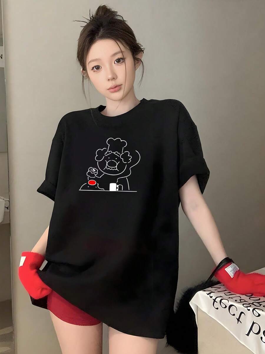 Women's Summer Fashion Short-Sleeved T-Shirt, Versatile Loose-Fitting Round Neck Top - Black - View 1