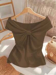 Camiseta de verano para mujer con cuello en V ajustado, mangas cortas que cubren los hombros, diseño jacquard de textura ondulada elegante francesa, color rosa, dulce y grácil, juvenil, uso versátil diario - Marrón - Ver 4