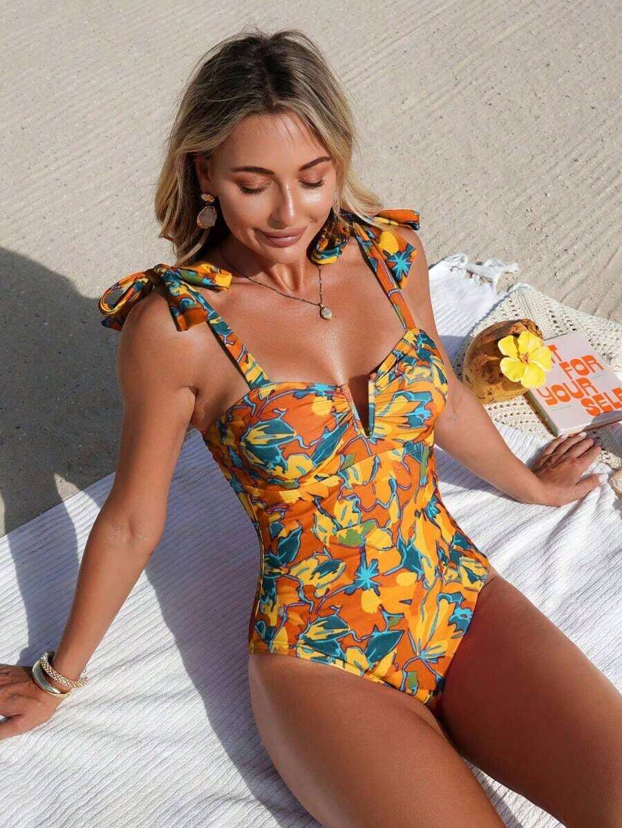 Swim Basics 1 pieza Traje de baño de una sola pieza con estampado sólido y floral y tirantes de espagueti anudados para mujer - Amarillo - Ver 1