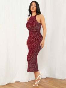 Vestido ajustado de cuello halter con estampado floral - Rojo - Ver 6