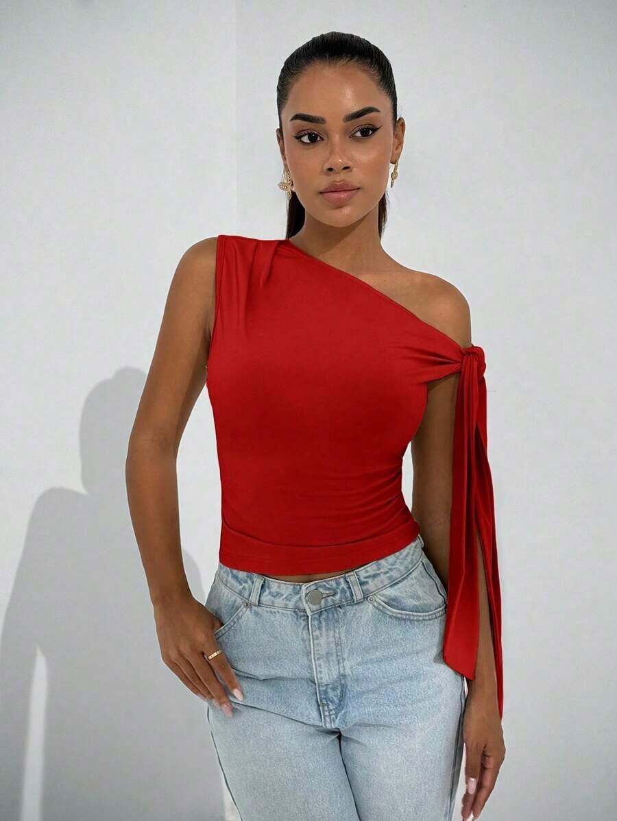 Elegante blusa de mujer con hombros asimétricos y cuello con lazo, adecuada para citas casuales, fiestas nocturnas, uso diario, otoño - Rojo - Ver 1