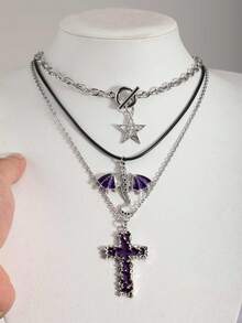 Bộ 3 mặt dây chuyền phong cách Gothic cổ điển hình ngôi sao, thánh giá tan chảy, cánh và rồng, phụ kiện dây chuyền nhiều lớp sang trọng tối giản dành cho nữ. - Màu tím - Xem 1