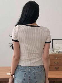 Camiseta casual y elegante de mujer con cuello cuadrado, bloque de color, lazo y manga corta para el verano - Blanco - Ver 4