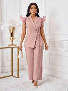 Conjunto de traje de mujer con blazer de manga con volantes rosa y pantalones elásticos de cintura alta para otoño/invierno - Rosa vieja - Ver 6