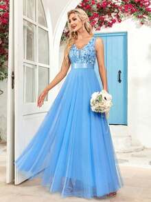 Vestido de dama de honor formal de línea A con escote en V sin mangas, bordado y de malla, vestido de fiesta elegante, vestido de invitado de boda formal, vestido de ceremonia de graduación, vestido de noche de primavera - Celeste - Ver 6